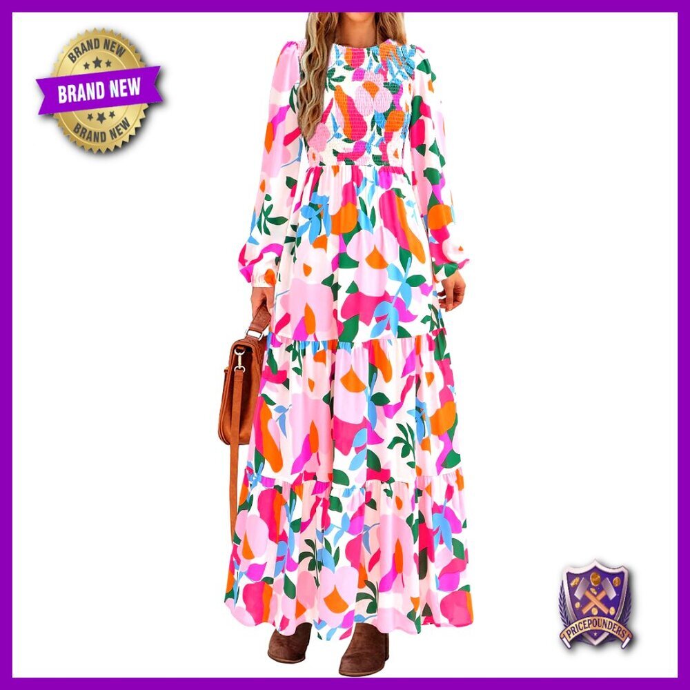 Long Sleeve Floral Maxi Dress Smocked Tiered Flowy Casual Maternity